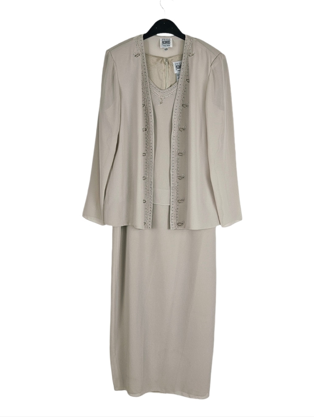 RM Richards Formal Maxi Dress Jacket Beige Womens 10 Chiffon Beaded Wedding